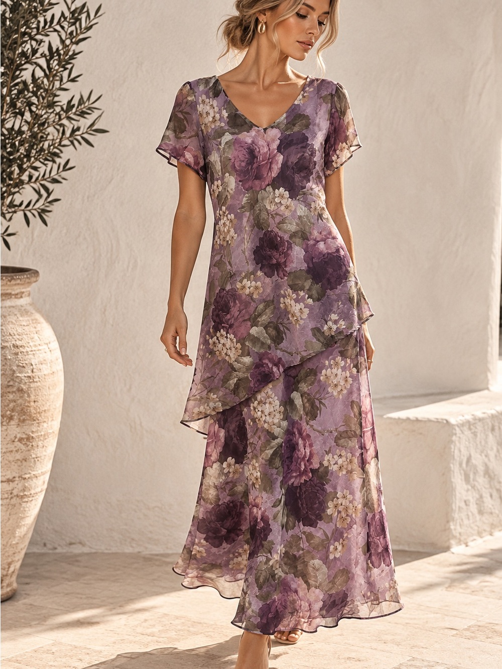 Connected Apparel Purple Floral Chiffon Layered Maxi Dress Est M